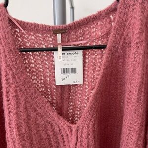 Free People Prairie Rose Open-Knit V-Neck Sweater in Dusty Rose